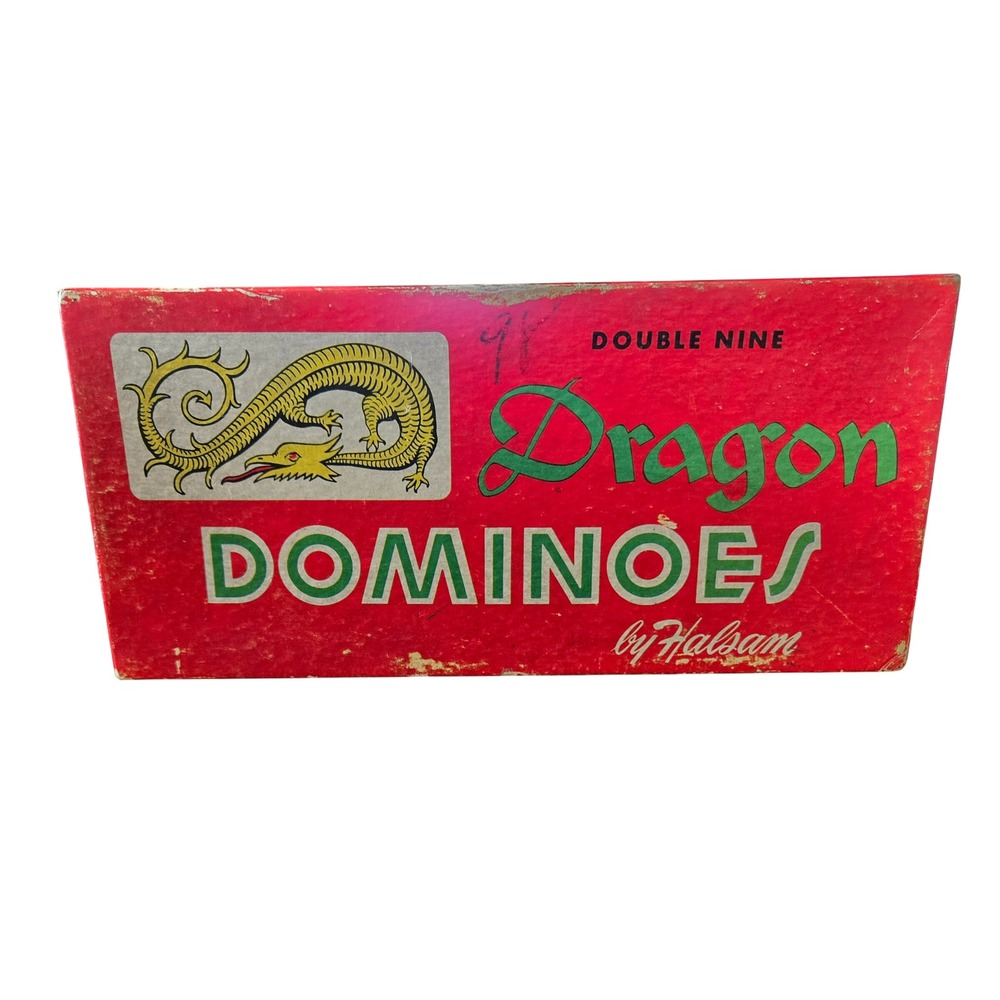 Vintage Halsam Dragon Dominoes Set No 920 Double Nine 55 Pieces Black Embossed